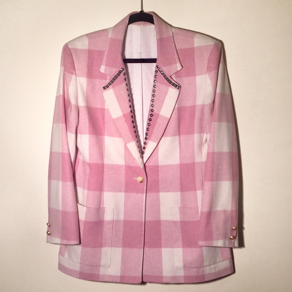 Vintage Pink Rose & Cream Plaid Studded Blazer